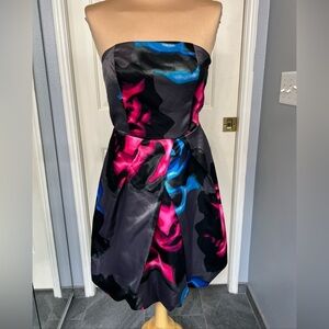 Express Design Studio Strapless Abstract Print‎ Satin Mini Dress Bubble Hem